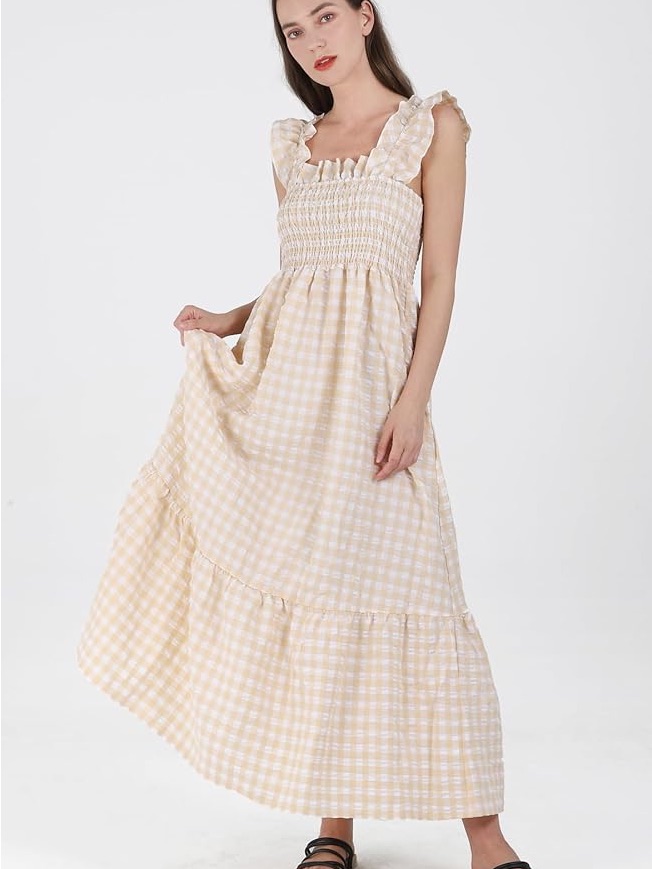 Beige Gingham Smocked Ruffle Strap Maxi Dress Size Xxl